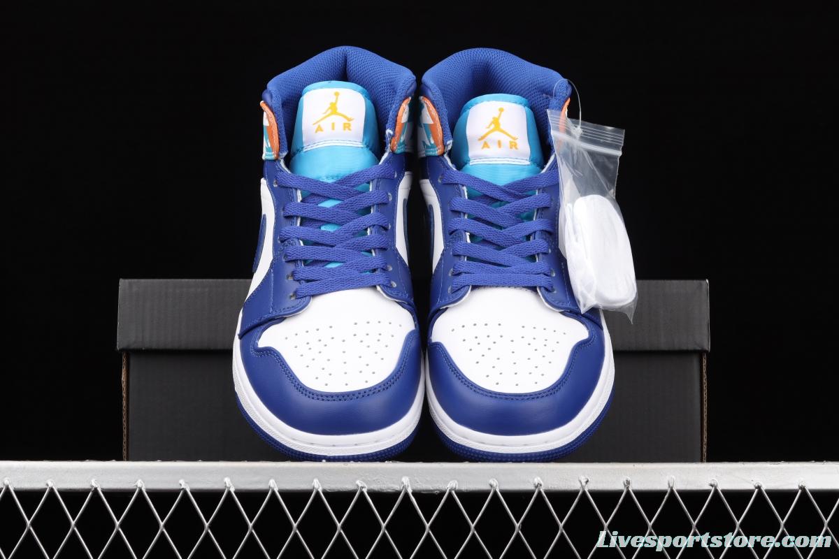 Air Jordan 1 Mid geometrical white and blue Zhongbang basketball shoes 555112-105