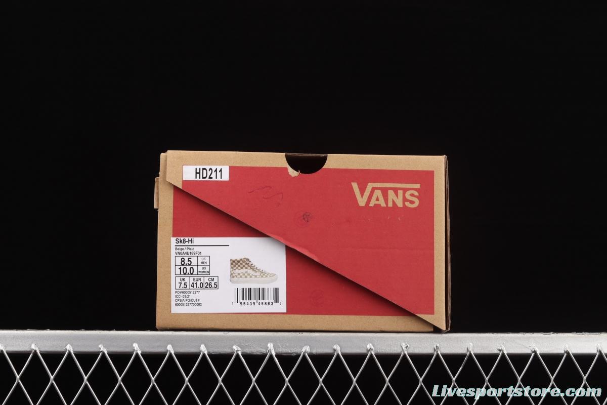 Vans SKate SK8-Hi milk brown plaid high-top professional skateboard shoes VN0A4U169F01