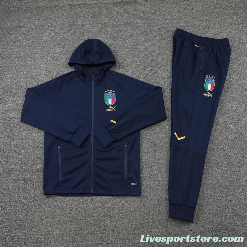 2022 Italy Navy Hooide Full Zipper Jacket+Long Pants