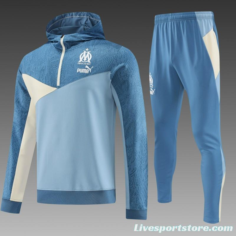 23/24 Olympique Marseille Blue Half Zipper Hoodie Jacket +Pants