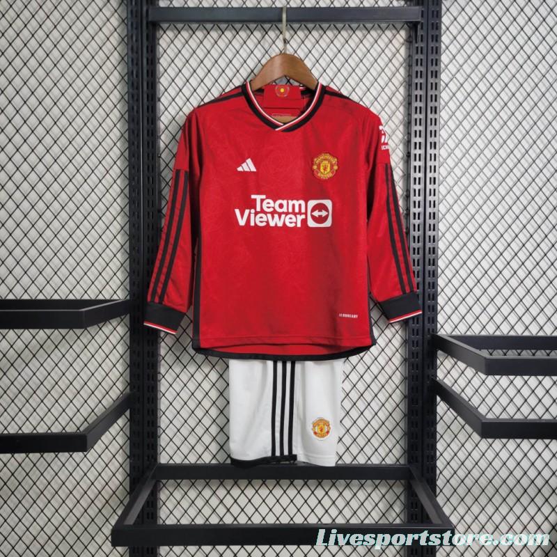 23-24 Kids Manchester United Home Long Sleeve Jersey