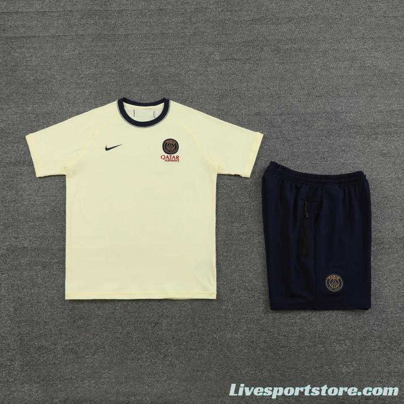 23/24 PSG Light Yellow Cotton Short Sleeve Jersey+Shorts