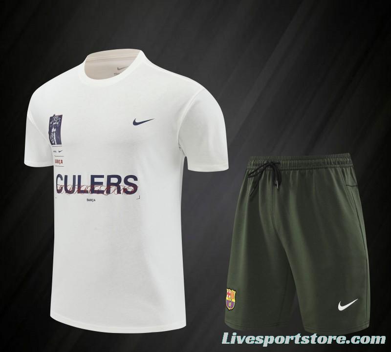 23/24 Barcelona White Cotton Short Sleeve Jersey+Shorts