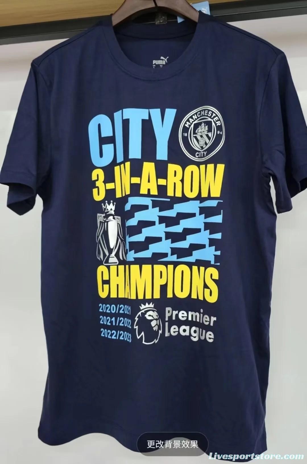 23/24 Manchester City Navy 3 In A Row Champions T-Shirt